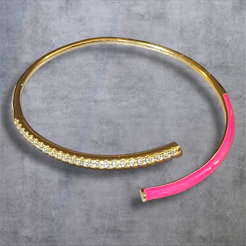 Gold Tone‎ Rhinestone Neon Pink Enamel Wrap Bangle Bracelet